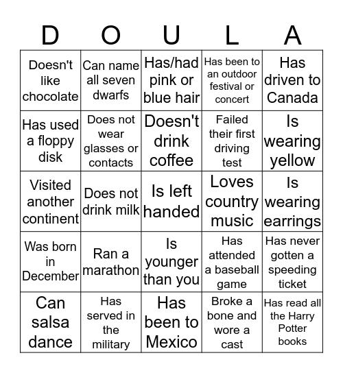 June 2016 Doula Project Ice Breaker Bingo Card