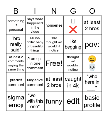 YT Shorts Bingo Card