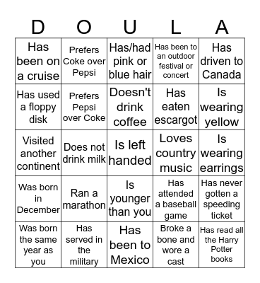 June 2016 Doula Project Ice Breaker Bingo Card