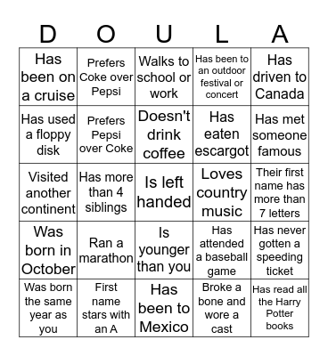 June 2016 Doula Project Ice Breaker Bingo Card