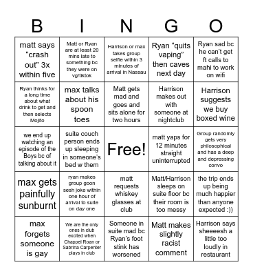 Boys Trip Bingo Card