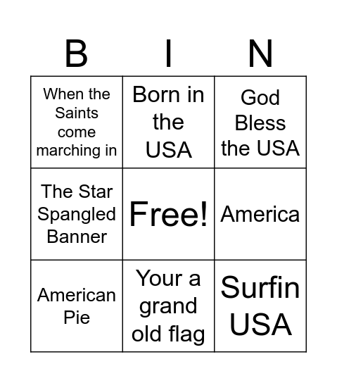 Patriotic Bingo Card