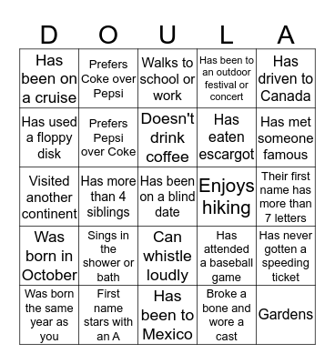 June 2016 Doula Project Ice Breaker Bingo Card