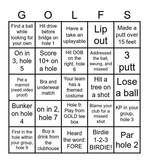 Golf Bingo Card