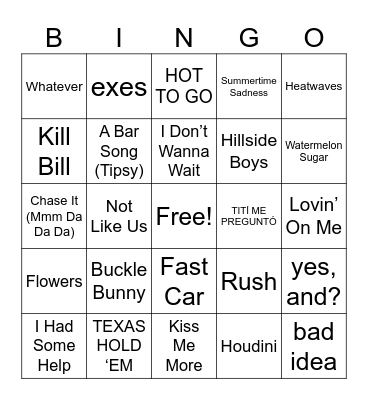 Songs of the Summer Bingo Card