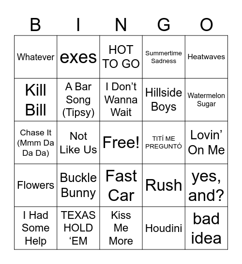 Songs of the Summer Bingo Card
