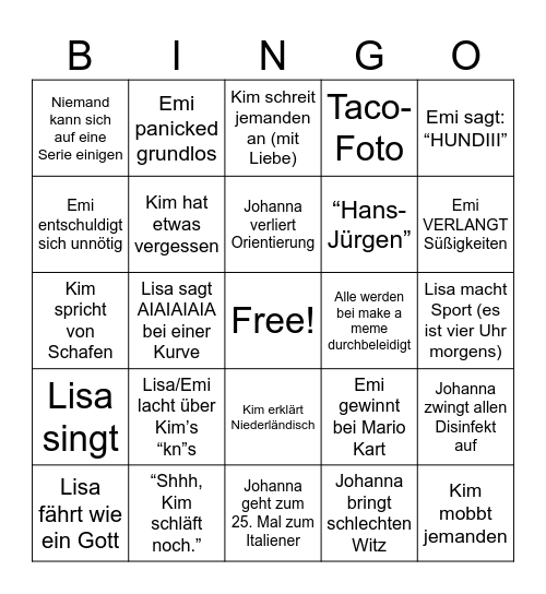 Urlaub Bingo Card