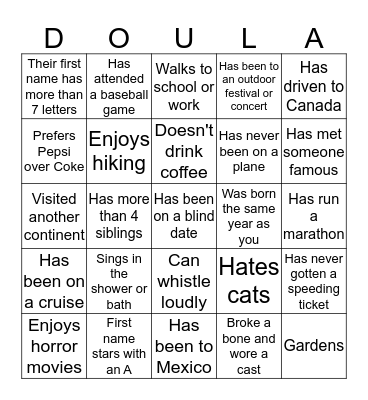 June 2016 Doula Project Ice Breaker Bingo Card