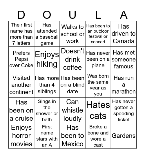 June 2016 Doula Project Ice Breaker Bingo Card