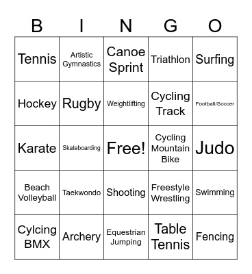 SUMMER OLYMPIC SPORTS BINGO Card