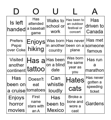 June 2016 Doula Project Ice Breaker Bingo Card