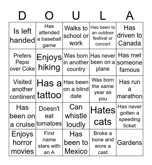 June 2016 Doula Project Ice Breaker Bingo Card