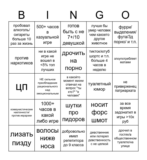 БИНГО БОЛЬНОГО ХУЕСОСА Bingo Card