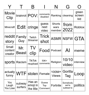 YouTube Shorts Bingo Card