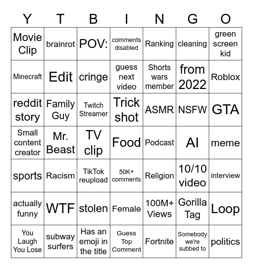 YouTube Shorts Bingo Card