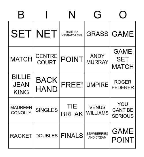 WIMBLEDON Bingo Card