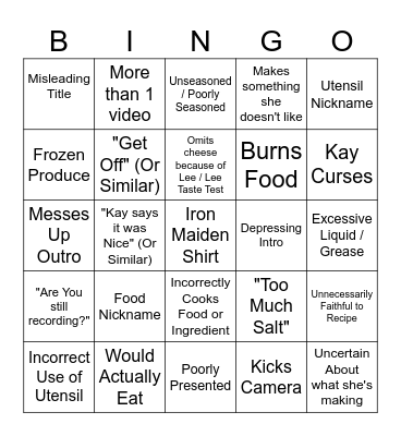 Kay's Cooking Bingo Card