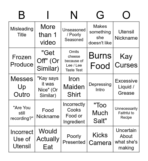 Kay's Cooking Bingo Card