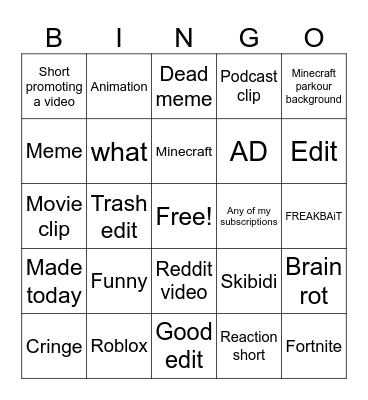 Youtube Shorts Bingo Card