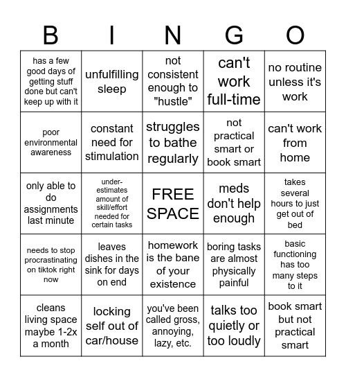 ADHD Bingo (Messy Edition) Bingo Card