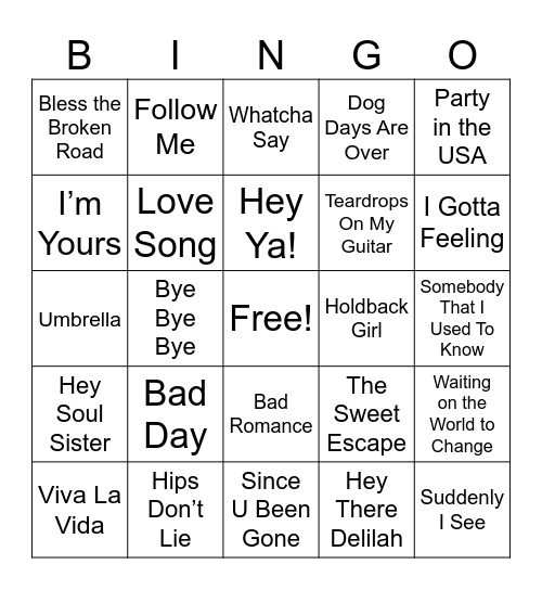 00s Hits Bingo Card