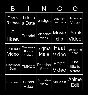 YouTube shorts Bingo Card