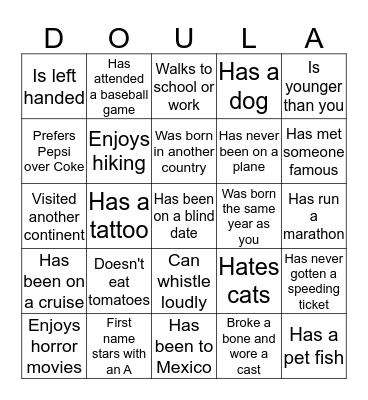 June 2016 Doula Project Ice Breaker Bingo Card