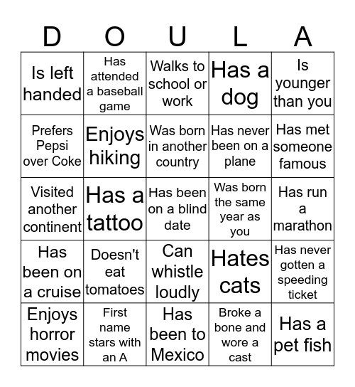 June 2016 Doula Project Ice Breaker Bingo Card