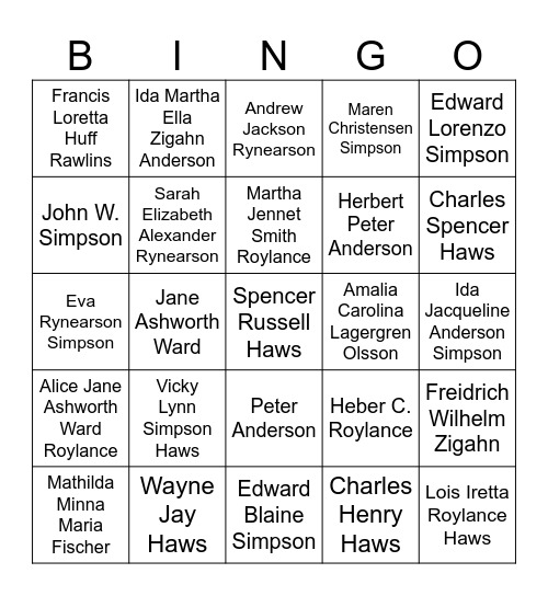 Haws Family Bingo Card