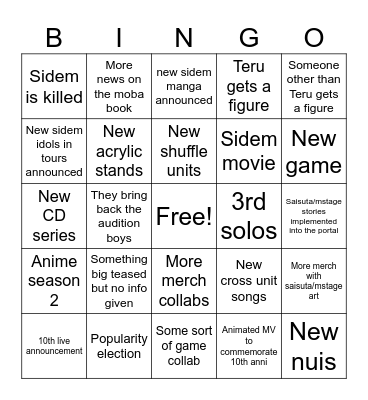 SideM 10th Anniversary Bingo Card