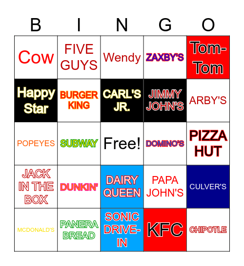 Fast Food Bingo Card