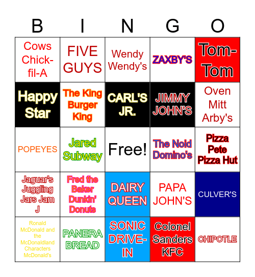 Fast Food Bingo Card