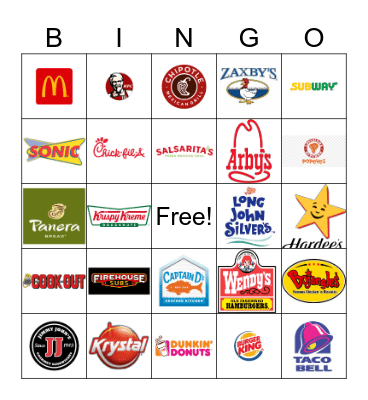 Fast Food Bingo Card