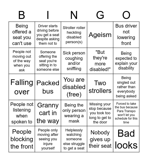 Riding the bus with an invisible disability Bingo Card