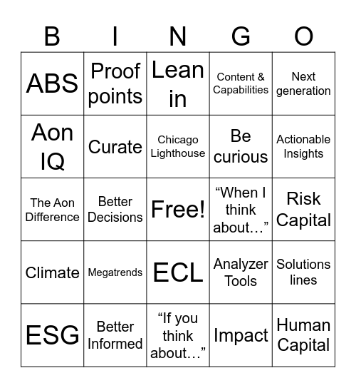 Aon Client Leadership Day Bingo Card