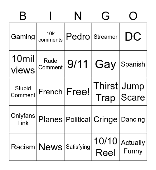 Instagram Bingo Card