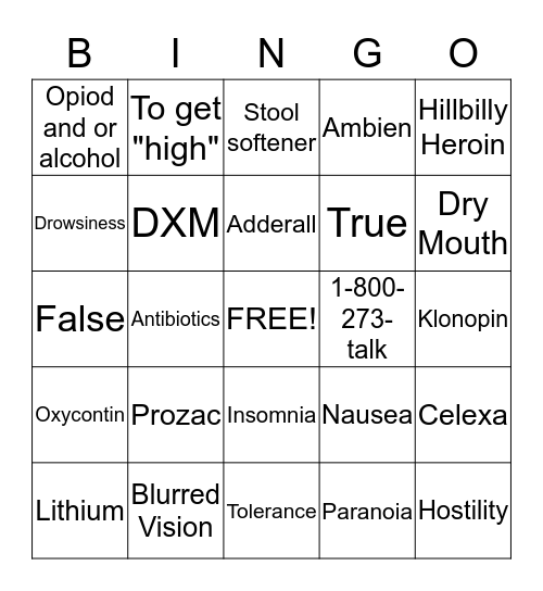 Medication Bingo Card