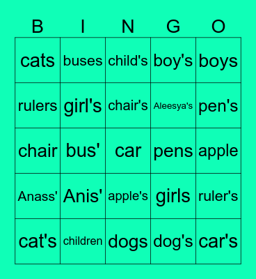 Plural nouns or Possessive nouns Bingo Card