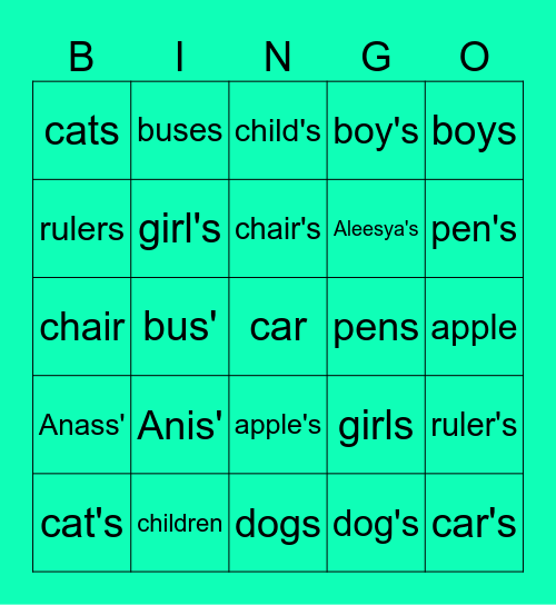 Plural nouns or Possessive nouns Bingo Card