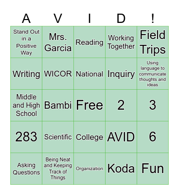 AVID Bingo Card