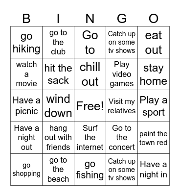 weekend activities Bingo Card