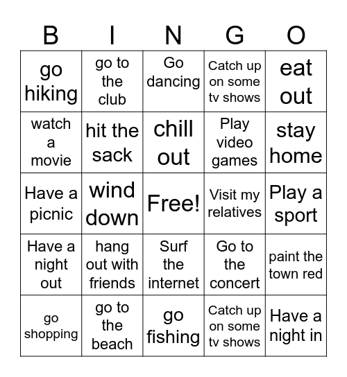 weekend activities Bingo Card