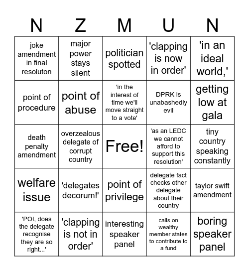 NZMUN Bingo Card