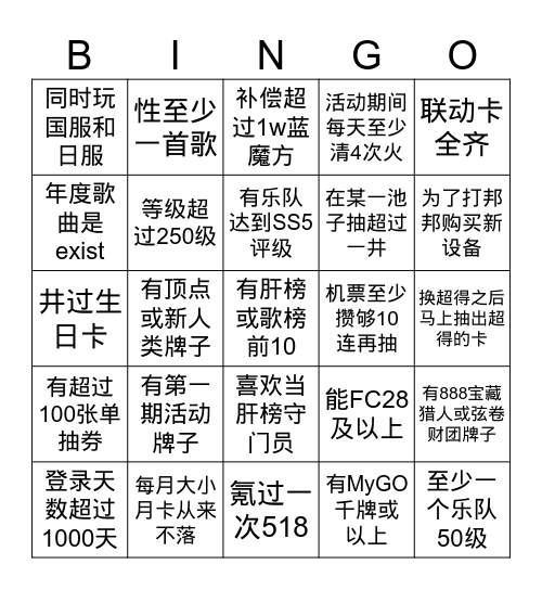 邦邦手游废物宾果游戏 Bingo Card