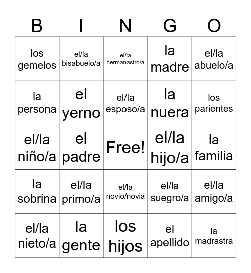 Español 1 Lección 3 La Familia Bingo Card