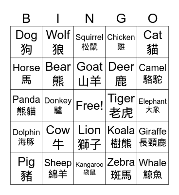 Animals 動物 Bingo Card
