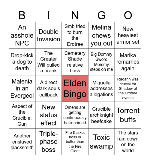 Elden Ring Dilc Bingo Card