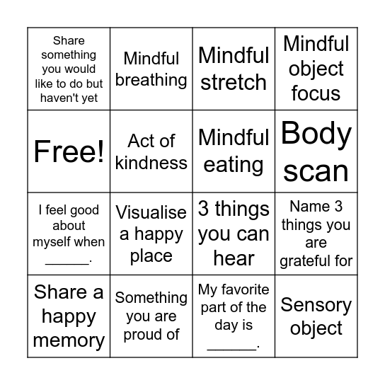 Mindfulness bingo Card