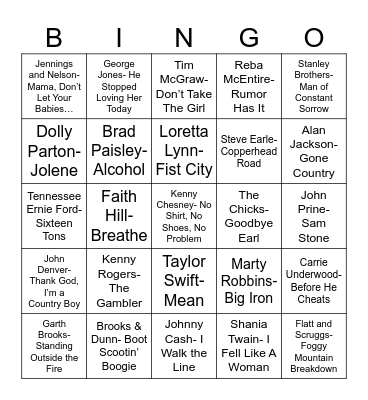 Radio Bingo Country Bingo Card