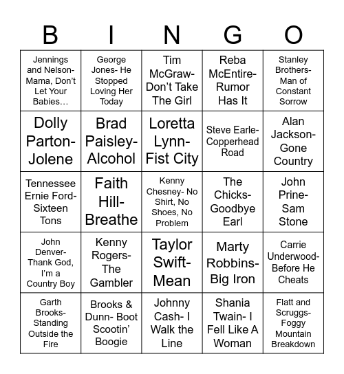 Radio Bingo Country Bingo Card